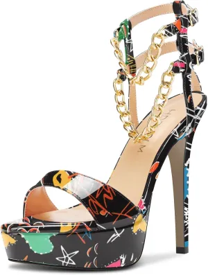 HDEUOLM Women Stiletto High Platform Heel Peep Open Toe Sandals Ankle Strap Metal Chain Party Dress 4.7 Inches Heels