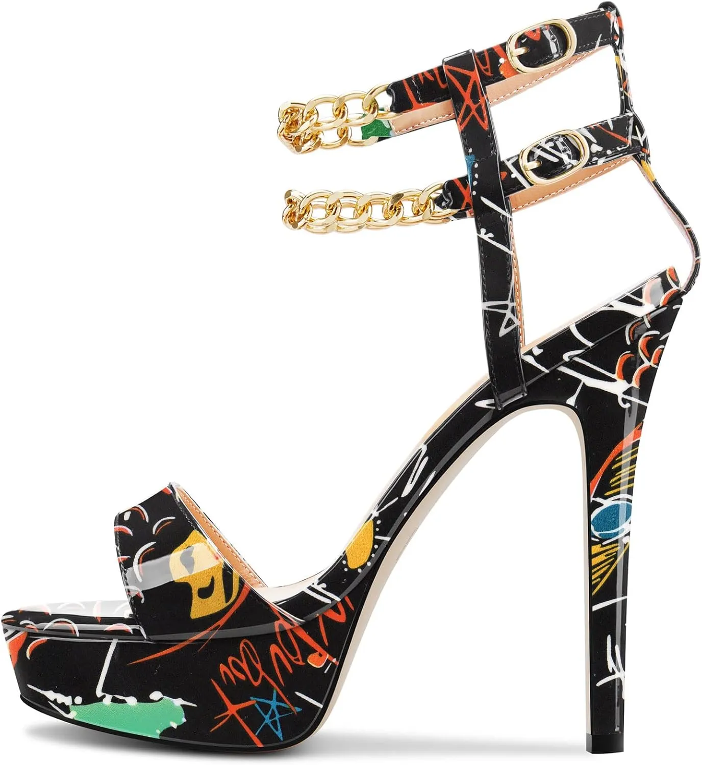 HDEUOLM Women Stiletto High Platform Heel Peep Open Toe Sandals Ankle Strap Metal Chain Party Dress 4.7 Inches Heels