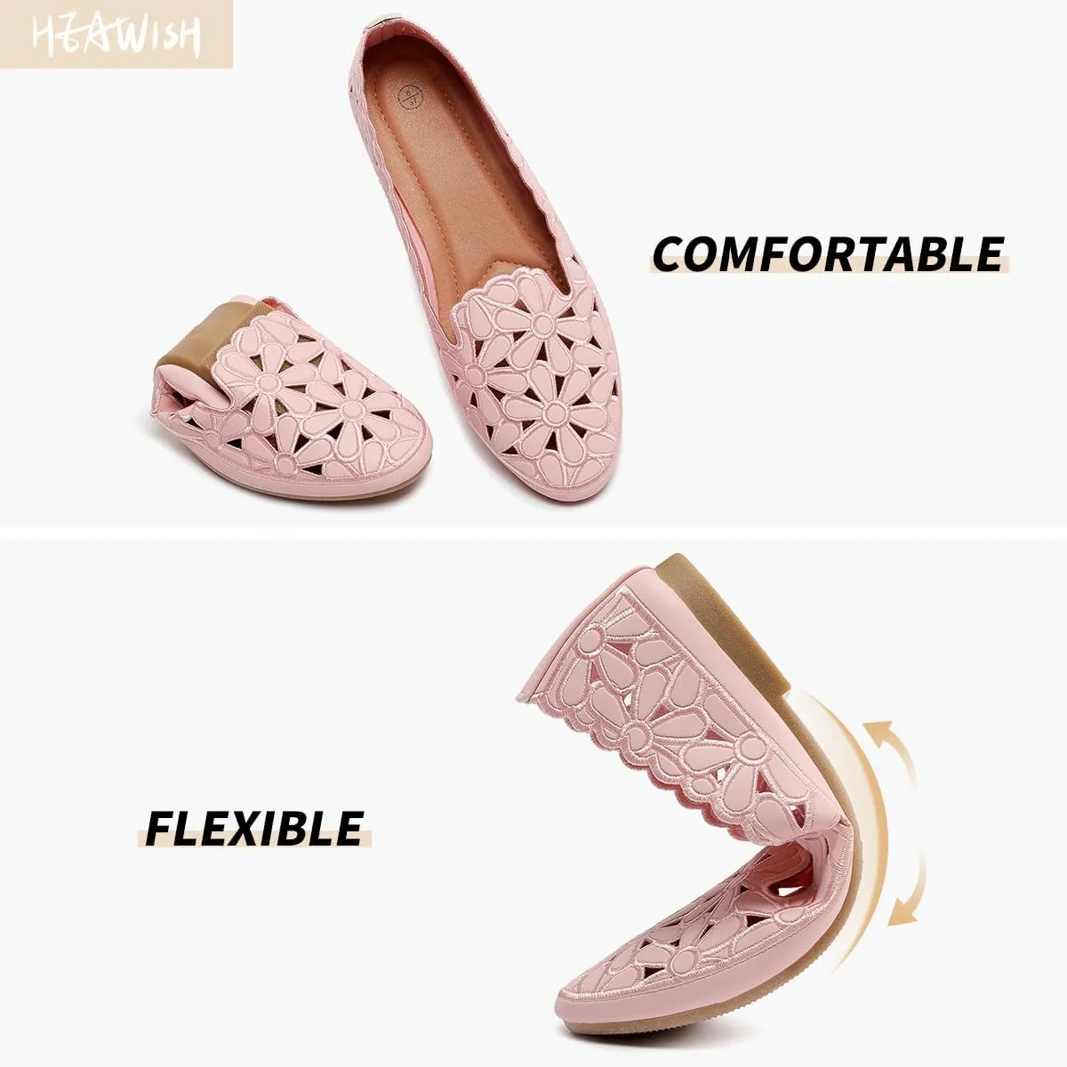 HEAWISH Women's Floral Ballet Flats for Women Black Beige Slip On Flowers PU Leather Round Toe Dress Shoes