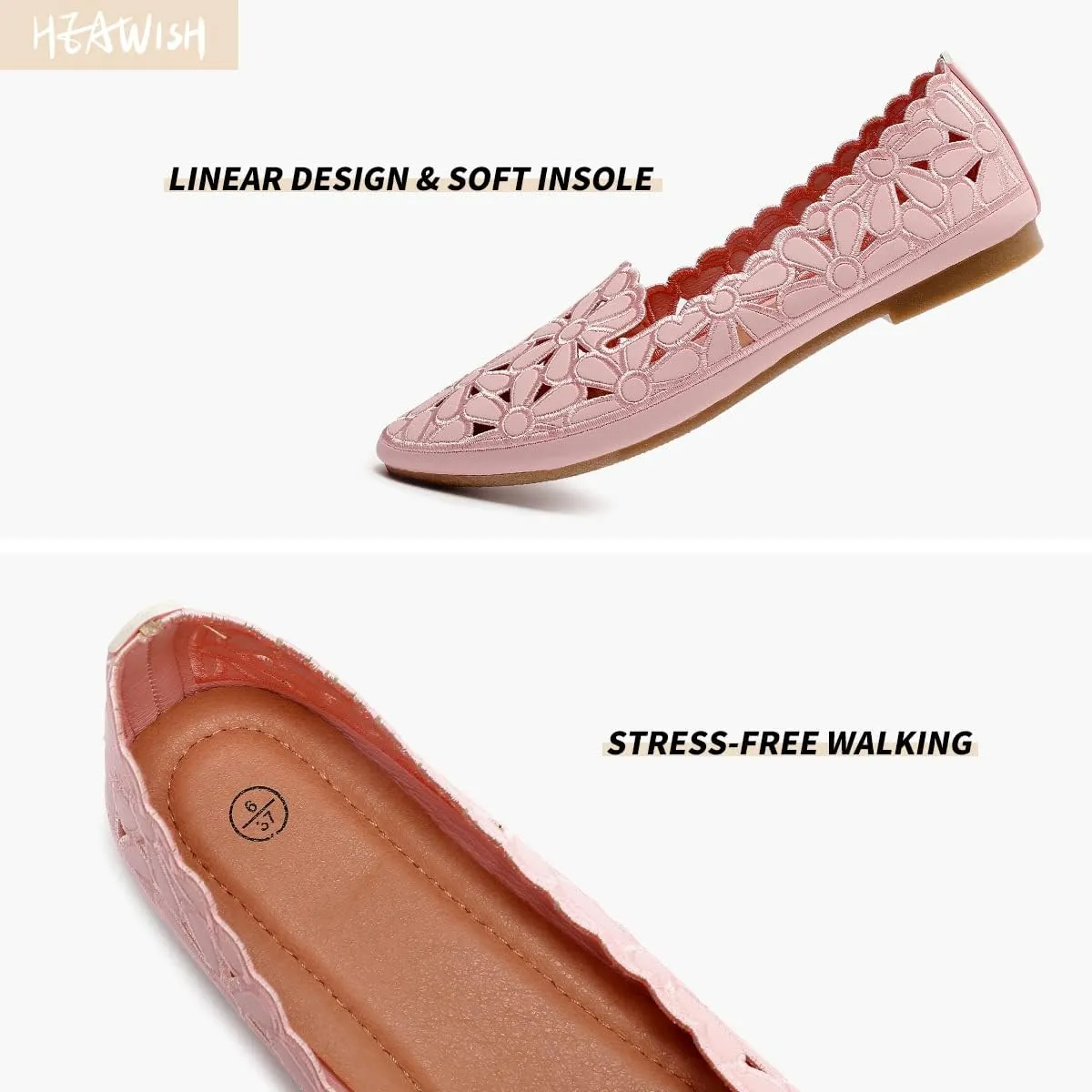 HEAWISH Women's Floral Ballet Flats for Women Black Beige Slip On Flowers PU Leather Round Toe Dress Shoes