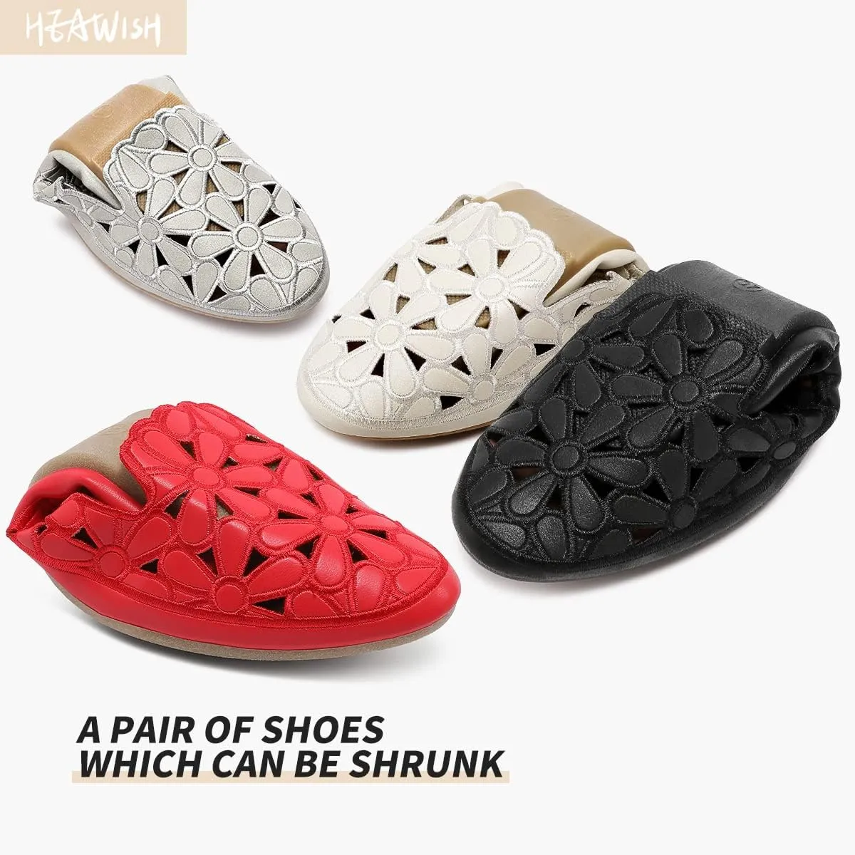 HEAWISH Women's Floral Ballet Flats for Women Black Beige Slip On Flowers PU Leather Round Toe Dress Shoes