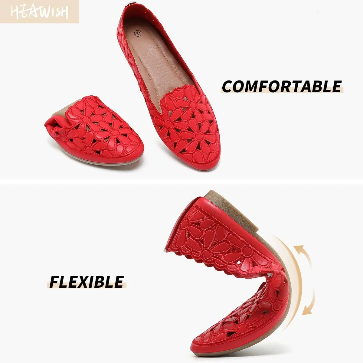 HEAWISH Women's Floral Ballet Flats for Women Black Beige Slip On Flowers PU Leather Round Toe Dress Shoes