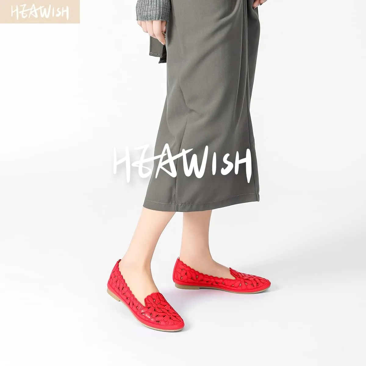 HEAWISH Women's Floral Ballet Flats for Women Black Beige Slip On Flowers PU Leather Round Toe Dress Shoes
