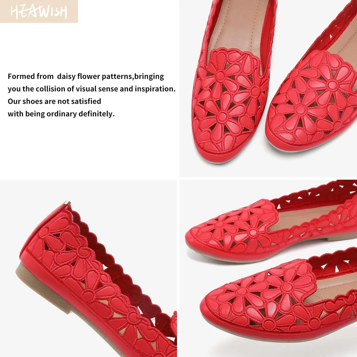 HEAWISH Women's Floral Ballet Flats for Women Black Beige Slip On Flowers PU Leather Round Toe Dress Shoes