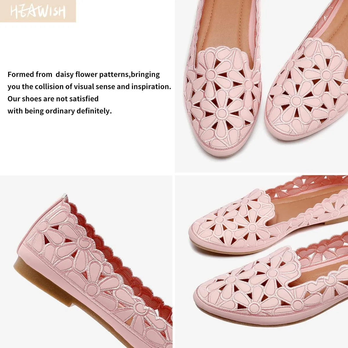 HEAWISH Women's Floral Ballet Flats for Women Black Beige Slip On Flowers PU Leather Round Toe Dress Shoes