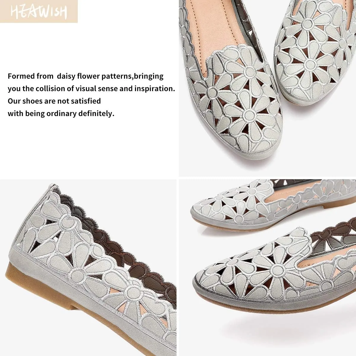 HEAWISH Women's Floral Ballet Flats for Women Black Beige Slip On Flowers PU Leather Round Toe Dress Shoes
