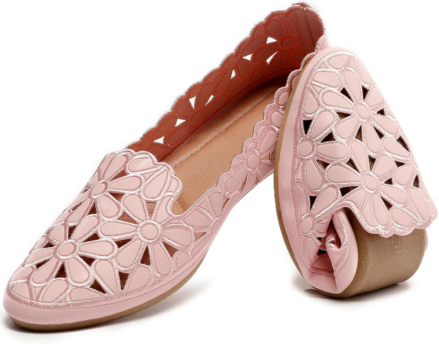 HEAWISH Women's Floral Ballet Flats for Women Black Beige Slip On Flowers PU Leather Round Toe Dress Shoes