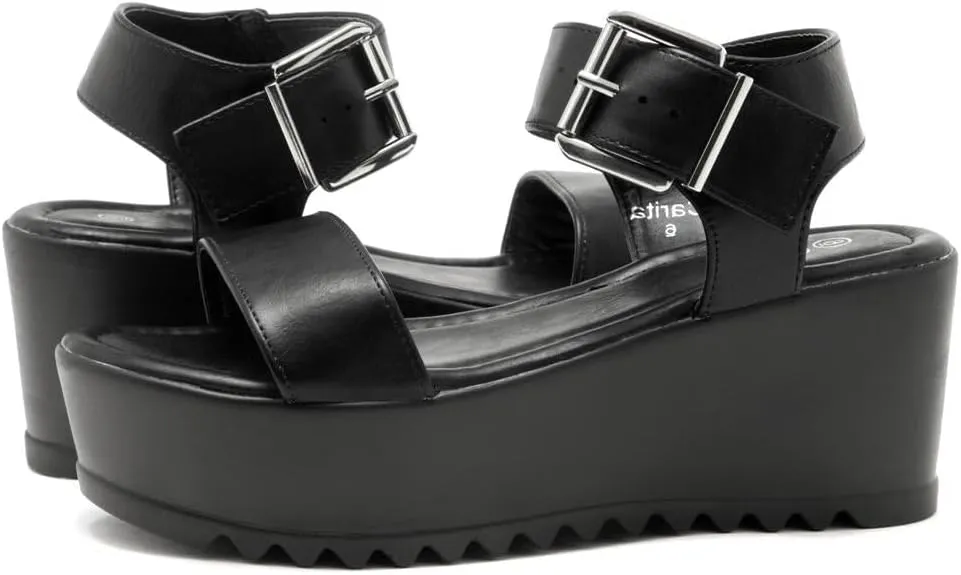 Herstyle Carita Womens Platform Sandals Open Toe Ankle Strap Flatform Wedge Casual Sandal Black White Chunky Platform Sandals Comfortable Lightweight Lug Sole Wedges for Summer