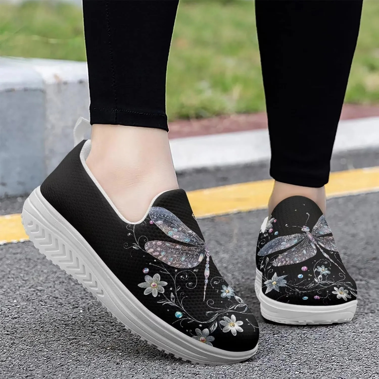 Howilath Insects Print Walking Sneakers Women Comfort Platform Shoes Rocking Shoes Slip-on Lightweight Athletic Footwear