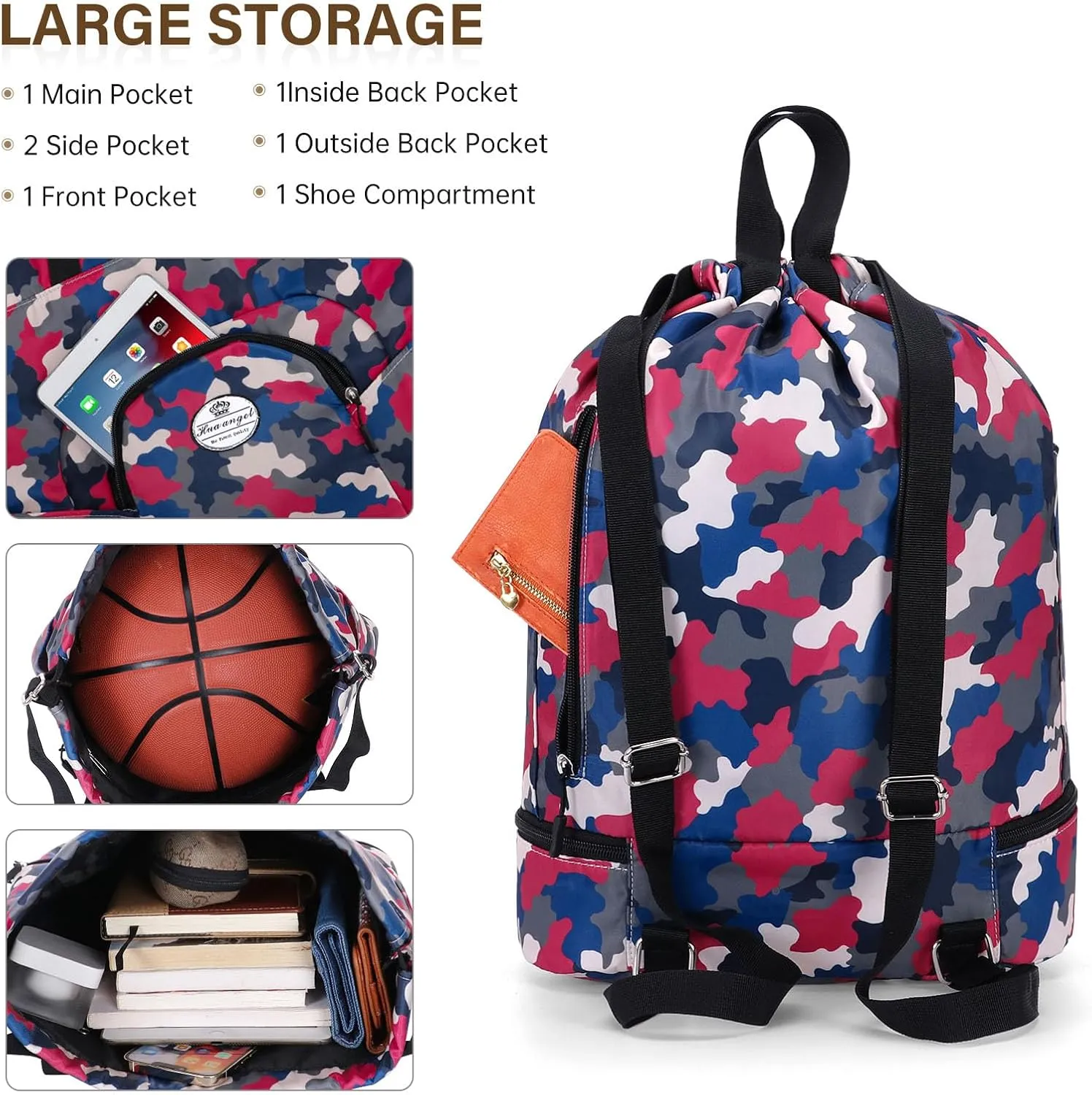HUA ANGEL Ultralight Drawstring Backpack for Gym/Travel Water-Resistant Unisex Sports Sack with Shoe & Basketball Compartment
