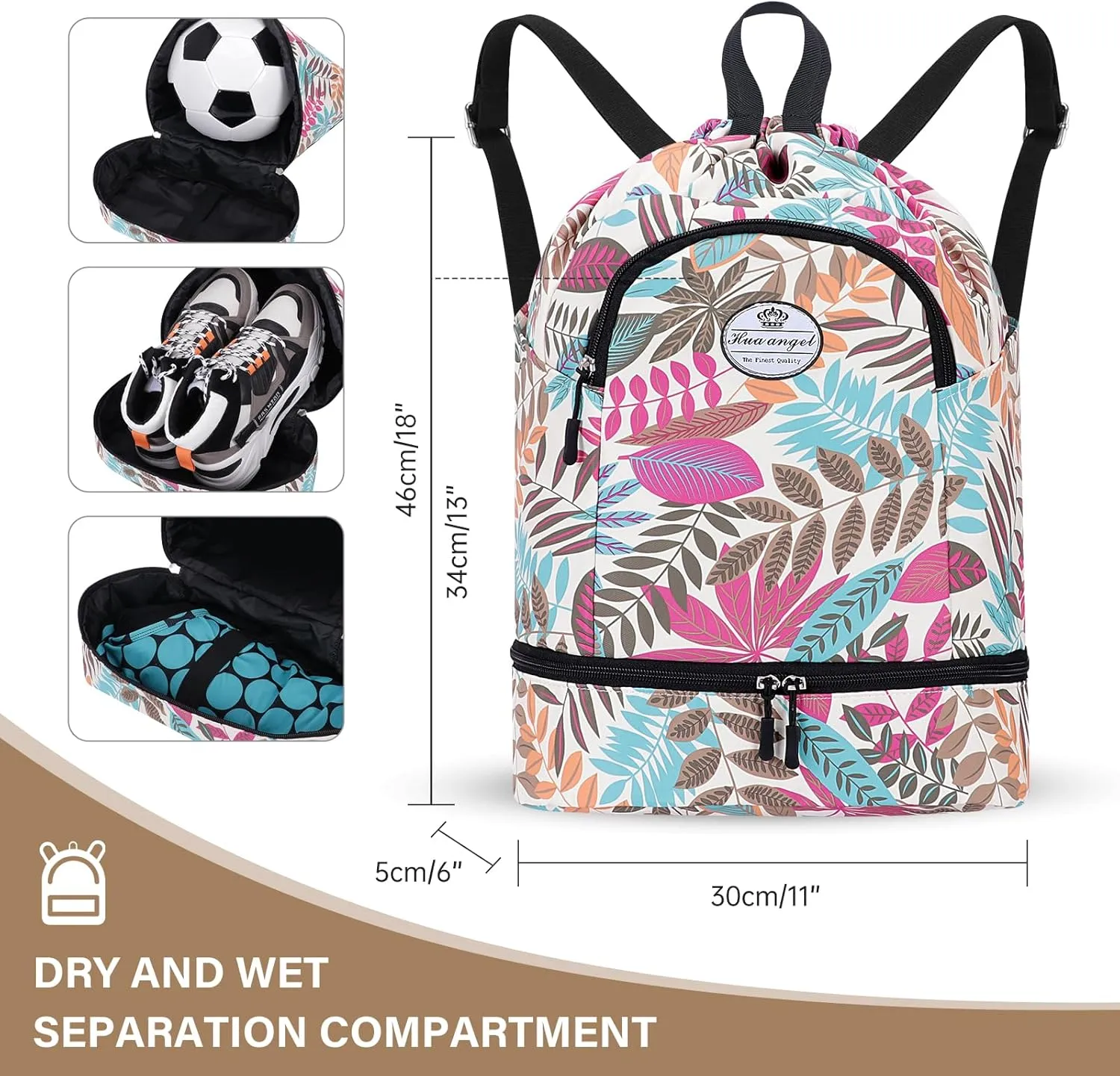 HUA ANGEL Ultralight Drawstring Backpack for Gym/Travel Water-Resistant Unisex Sports Sack with Shoe & Basketball Compartment