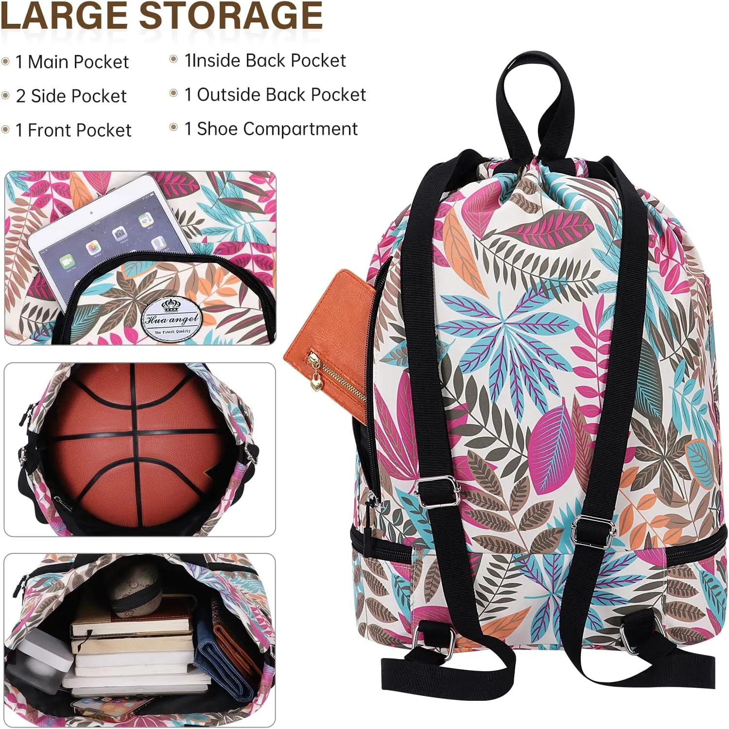 HUA ANGEL Ultralight Drawstring Backpack for Gym/Travel Water-Resistant Unisex Sports Sack with Shoe & Basketball Compartment