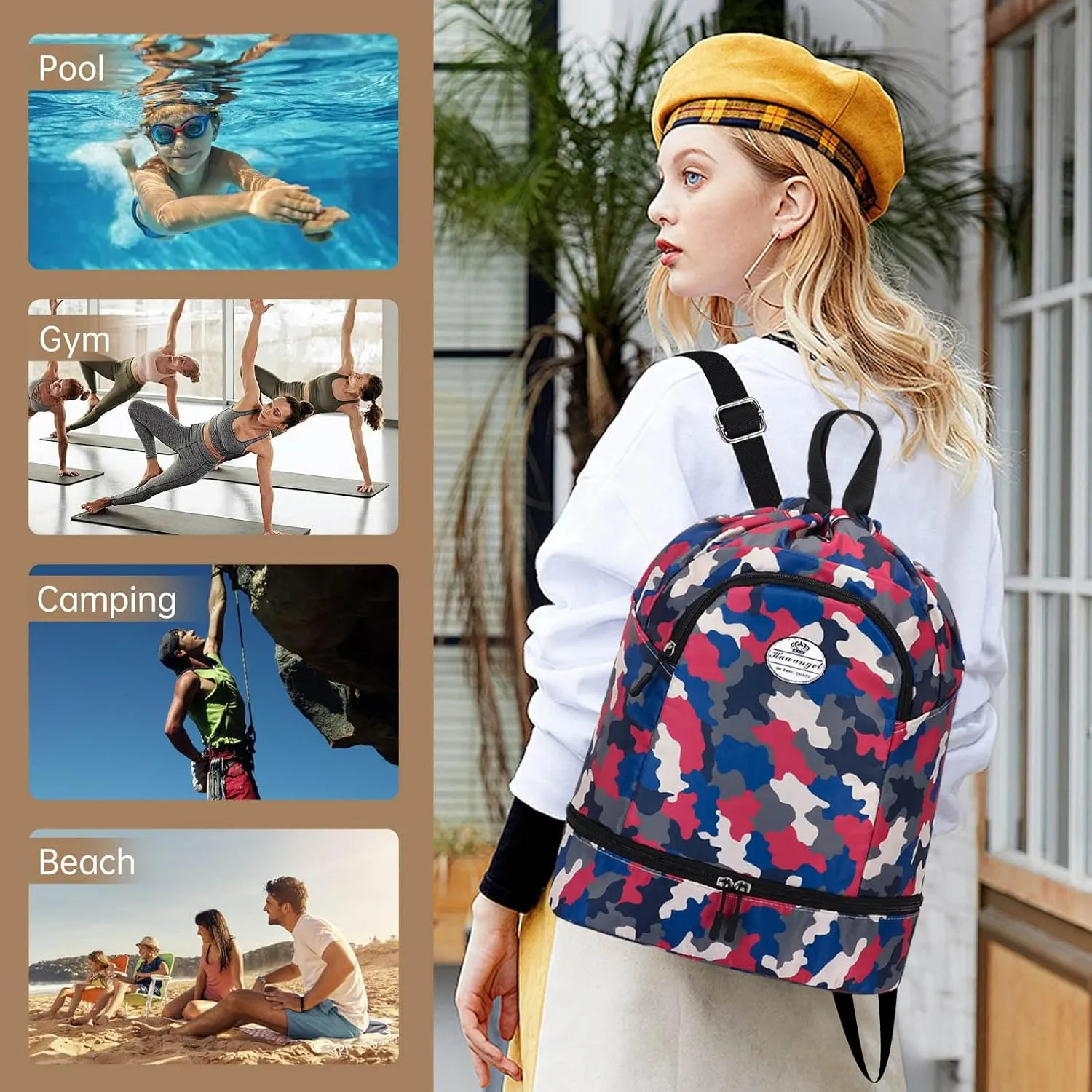 HUA ANGEL Ultralight Drawstring Backpack for Gym/Travel Water-Resistant Unisex Sports Sack with Shoe & Basketball Compartment