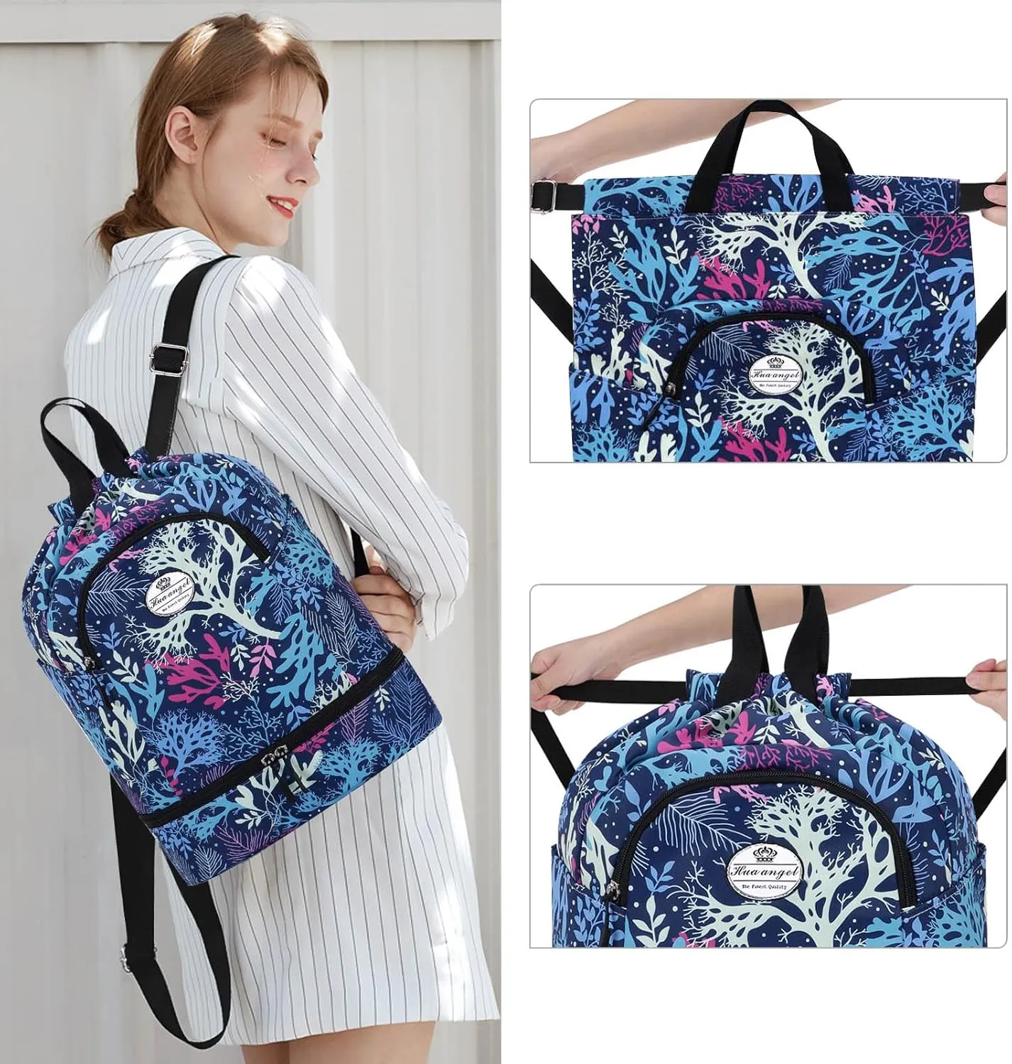 HUA ANGEL Ultralight Drawstring Backpack for Gym/Travel Water-Resistant Unisex Sports Sack with Shoe & Basketball Compartment