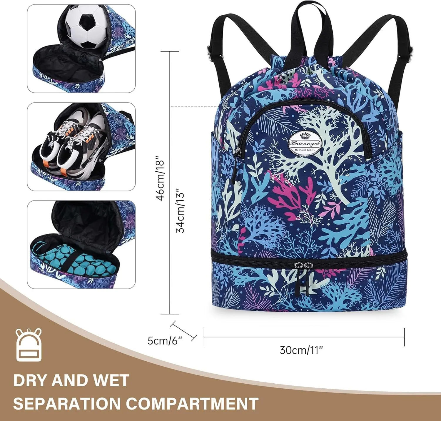 HUA ANGEL Ultralight Drawstring Backpack for Gym/Travel Water-Resistant Unisex Sports Sack with Shoe & Basketball Compartment