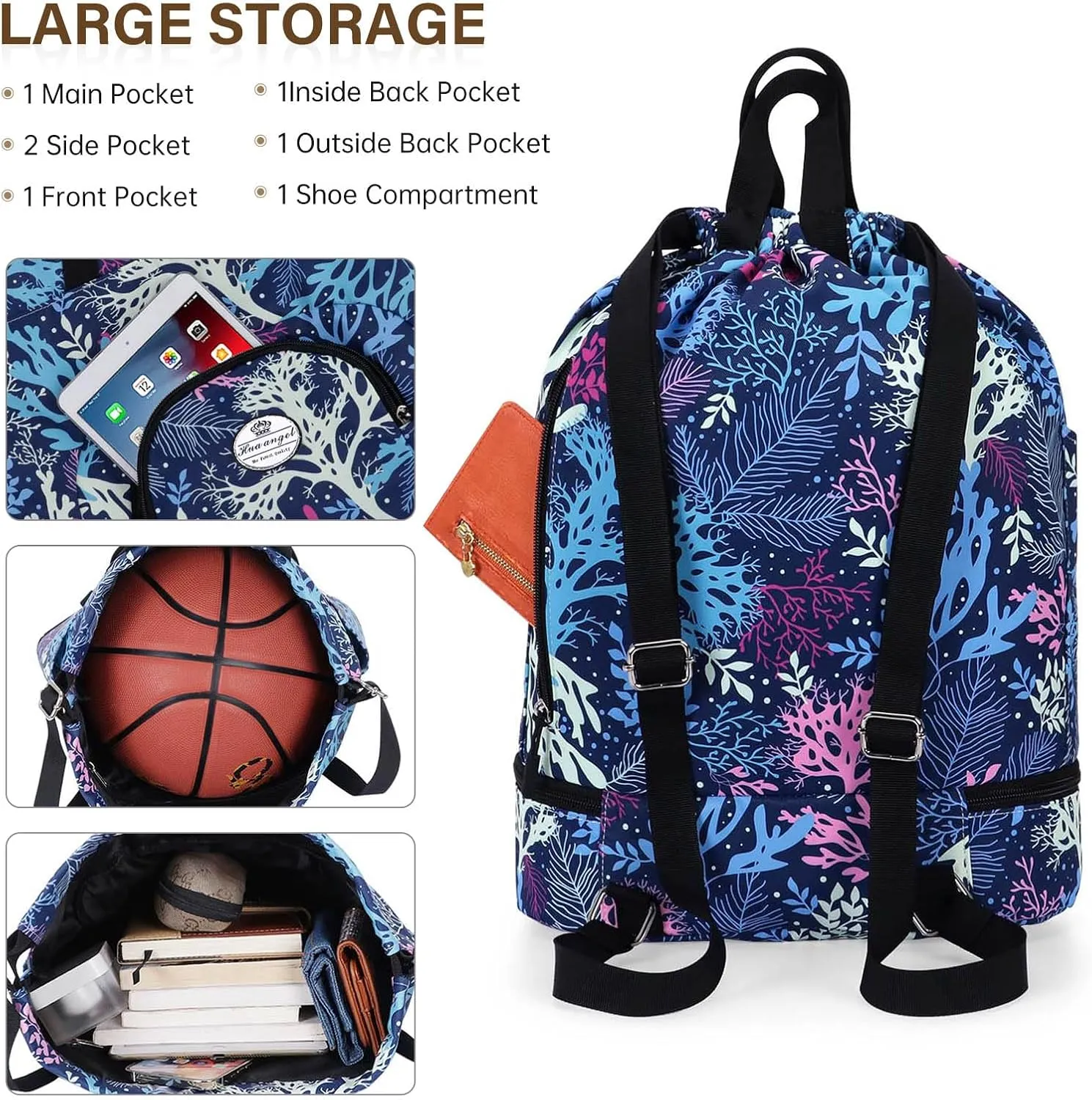HUA ANGEL Ultralight Drawstring Backpack for Gym/Travel Water-Resistant Unisex Sports Sack with Shoe & Basketball Compartment