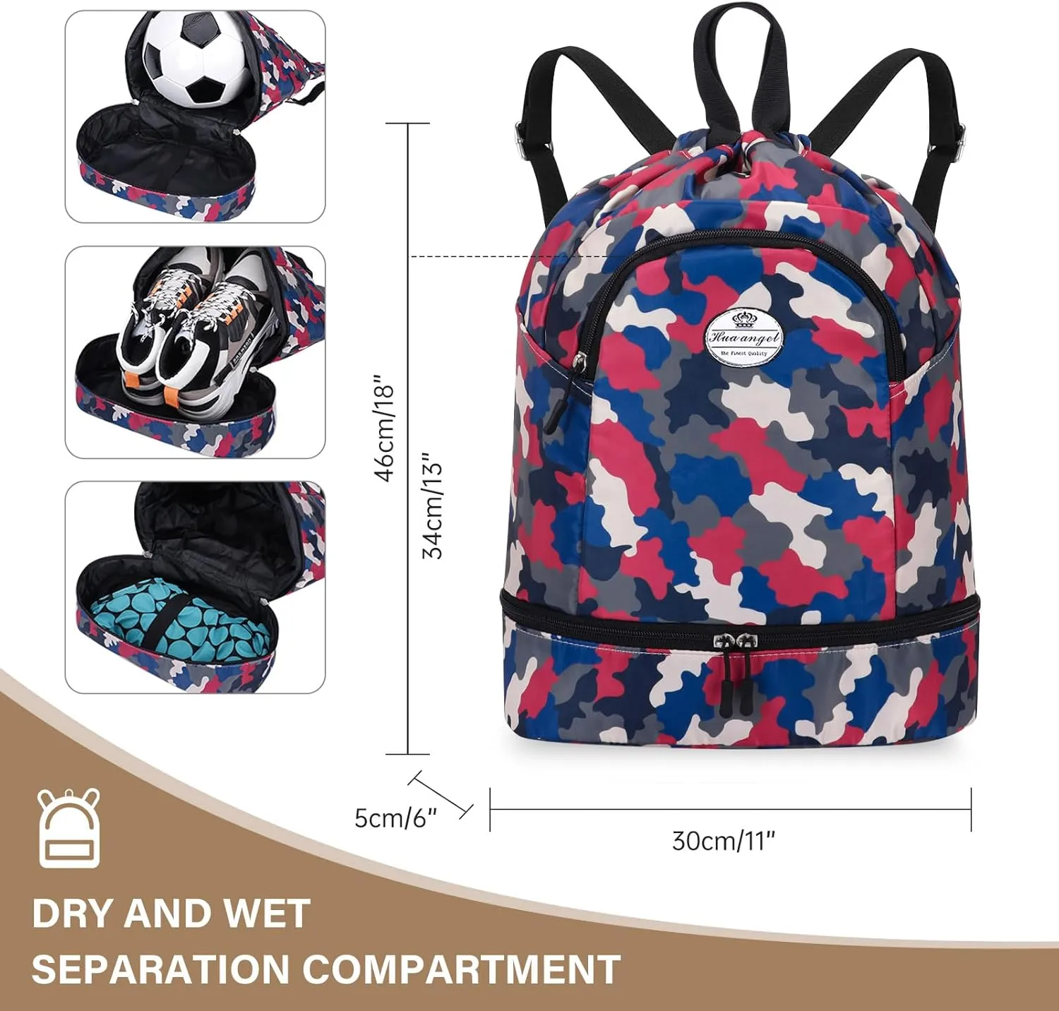 HUA ANGEL Ultralight Drawstring Backpack for Gym/Travel Water-Resistant Unisex Sports Sack with Shoe & Basketball Compartment