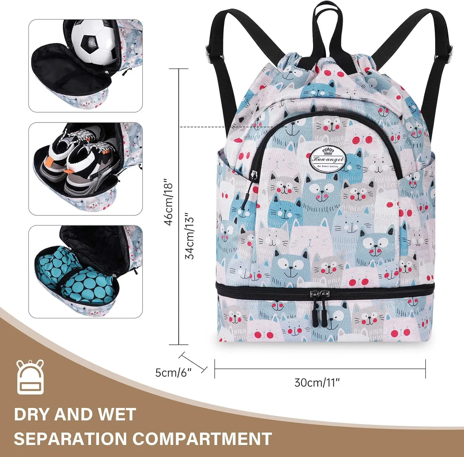 HUA ANGEL Ultralight Drawstring Backpack for Gym/Travel Water-Resistant Unisex Sports Sack with Shoe & Basketball Compartment