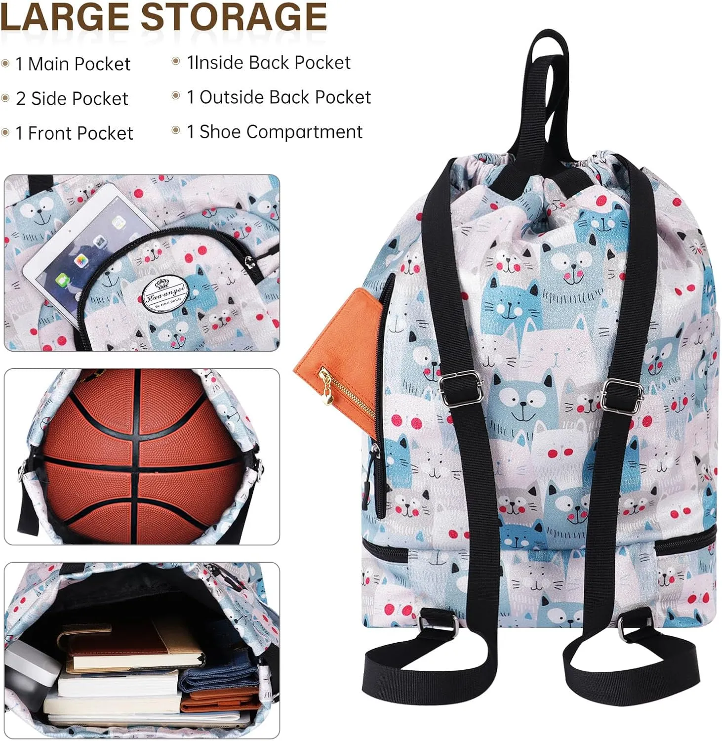 HUA ANGEL Ultralight Drawstring Backpack for Gym/Travel Water-Resistant Unisex Sports Sack with Shoe & Basketball Compartment