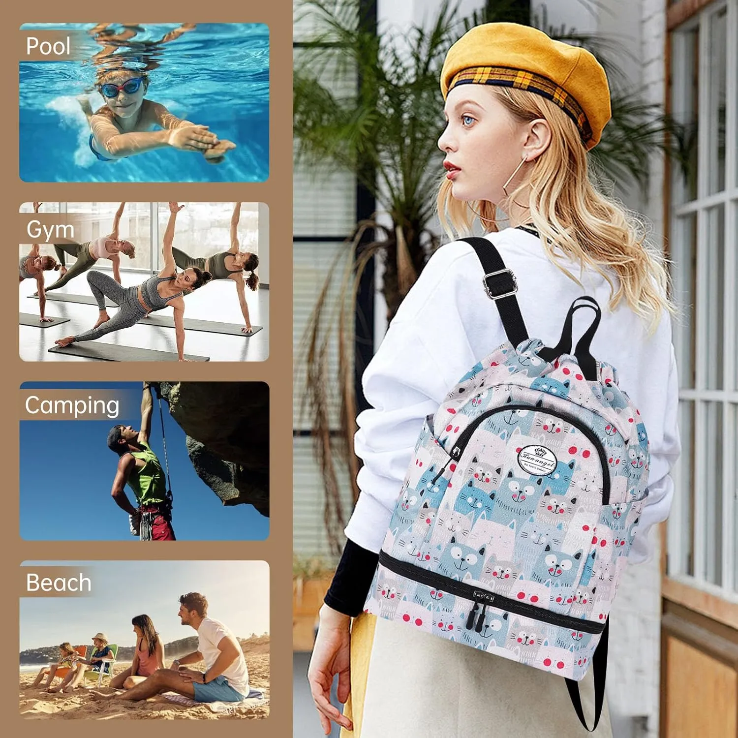 HUA ANGEL Ultralight Drawstring Backpack for Gym/Travel Water-Resistant Unisex Sports Sack with Shoe & Basketball Compartment