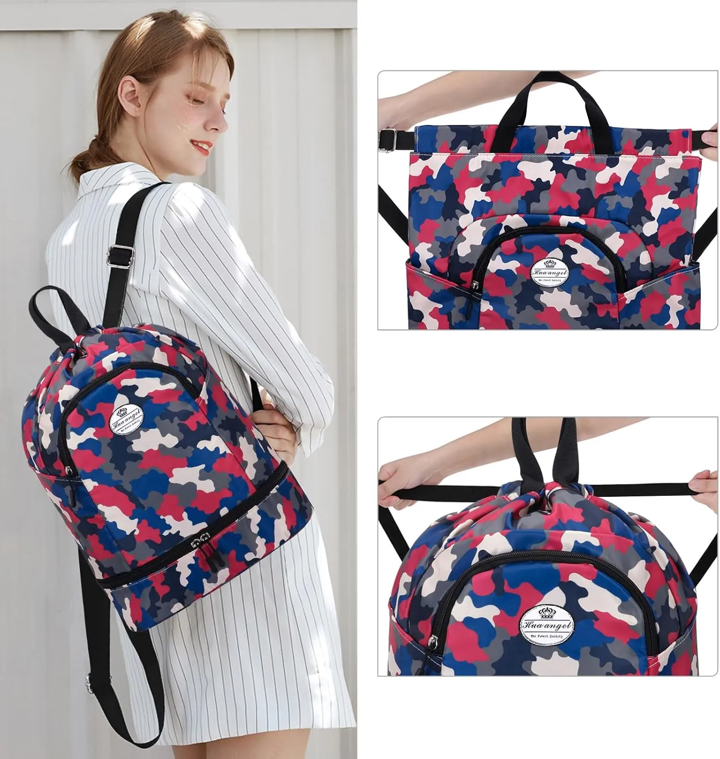 HUA ANGEL Ultralight Drawstring Backpack for Gym/Travel Water-Resistant Unisex Sports Sack with Shoe & Basketball Compartment
