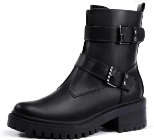 IDIFU Biker Boots for Women Combat Motorcycle Moto Women's Ankle Boots Comfortable Two Buckles Lug Sole Chunky Low Heel Short Boots Fall Fashion Cute Trendy Dressy Side Zipper Boots Booties for Women