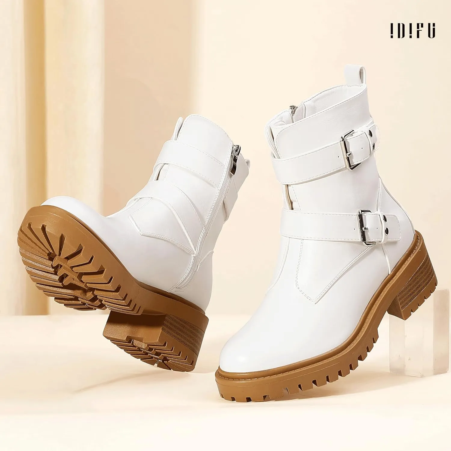 IDIFU Biker Boots for Women Combat Motorcycle Moto Women's Ankle Boots Comfortable Two Buckles Lug Sole Chunky Low Heel Short Boots Fall Fashion Cute Trendy Dressy Side Zipper Boots Booties for Women