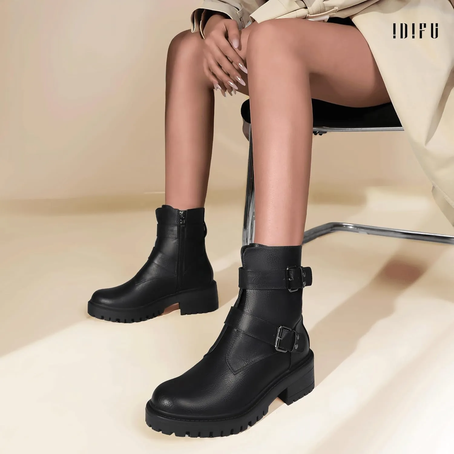 IDIFU Biker Boots for Women Combat Motorcycle Moto Women's Ankle Boots Comfortable Two Buckles Lug Sole Chunky Low Heel Short Boots Fall Fashion Cute Trendy Dressy Side Zipper Boots Booties for Women