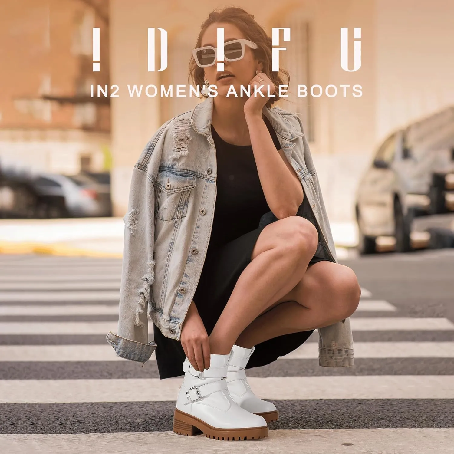 IDIFU Biker Boots for Women Combat Motorcycle Moto Women's Ankle Boots Comfortable Two Buckles Lug Sole Chunky Low Heel Short Boots Fall Fashion Cute Trendy Dressy Side Zipper Boots Booties for Women