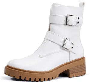 IDIFU Biker Boots for Women Combat Motorcycle Moto Women's Ankle Boots Comfortable Two Buckles Lug Sole Chunky Low Heel Short Boots Fall Fashion Cute Trendy Dressy Side Zipper Boots Booties for Women