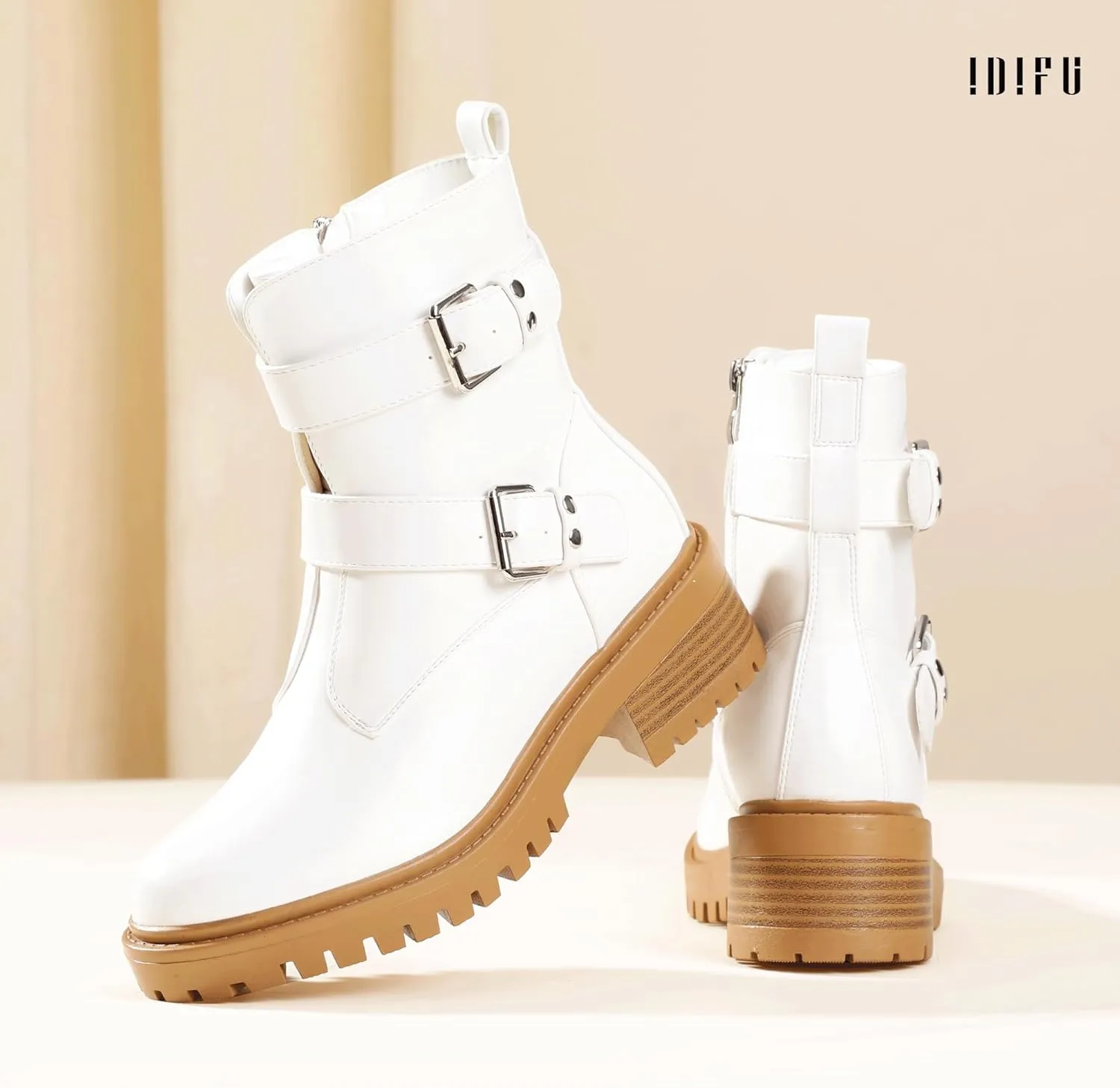 IDIFU Biker Boots for Women Combat Motorcycle Moto Women's Ankle Boots Comfortable Two Buckles Lug Sole Chunky Low Heel Short Boots Fall Fashion Cute Trendy Dressy Side Zipper Boots Booties for Women