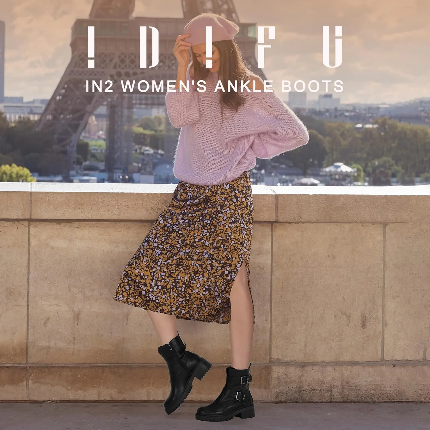 IDIFU Biker Boots for Women Combat Motorcycle Moto Women's Ankle Boots Comfortable Two Buckles Lug Sole Chunky Low Heel Short Boots Fall Fashion Cute Trendy Dressy Side Zipper Boots Booties for Women