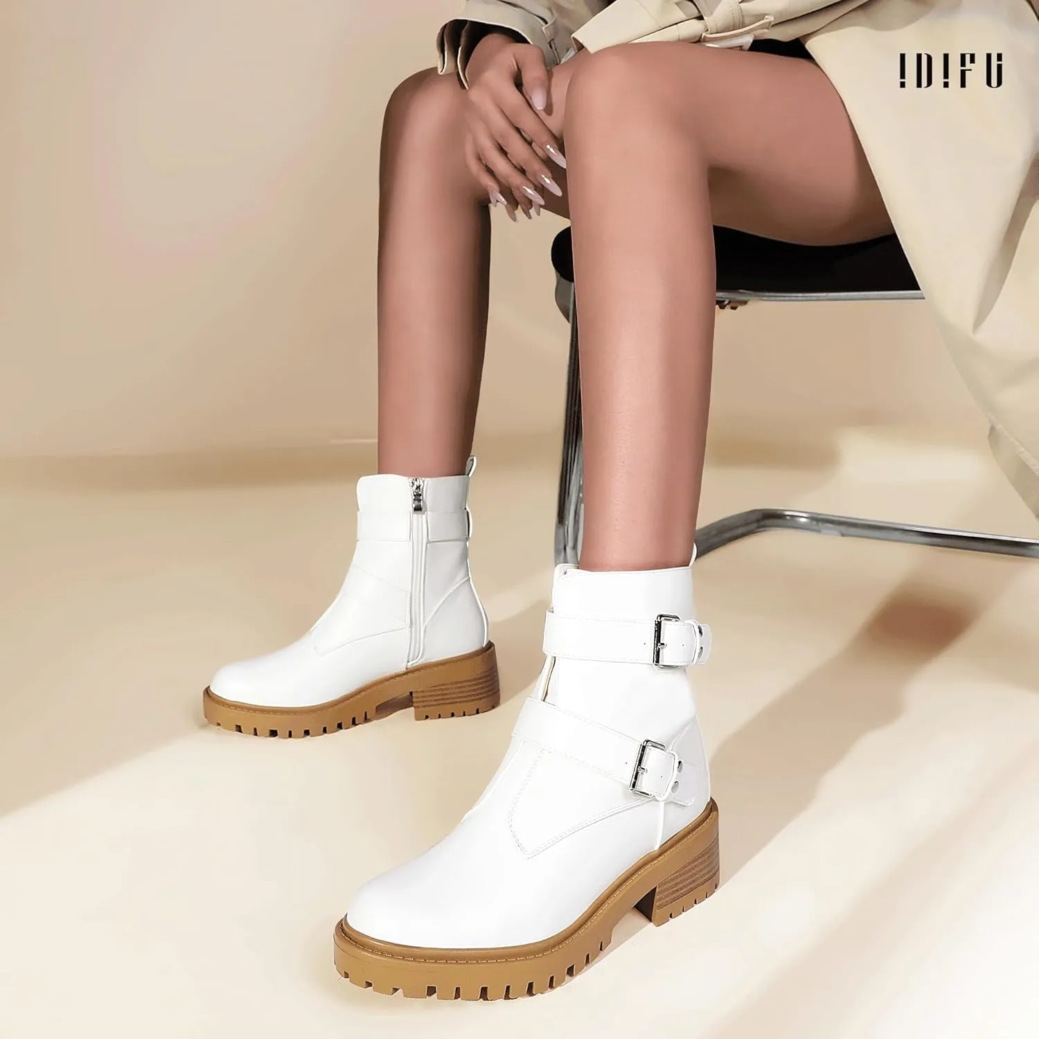 IDIFU Biker Boots for Women Combat Motorcycle Moto Women's Ankle Boots Comfortable Two Buckles Lug Sole Chunky Low Heel Short Boots Fall Fashion Cute Trendy Dressy Side Zipper Boots Booties for Women