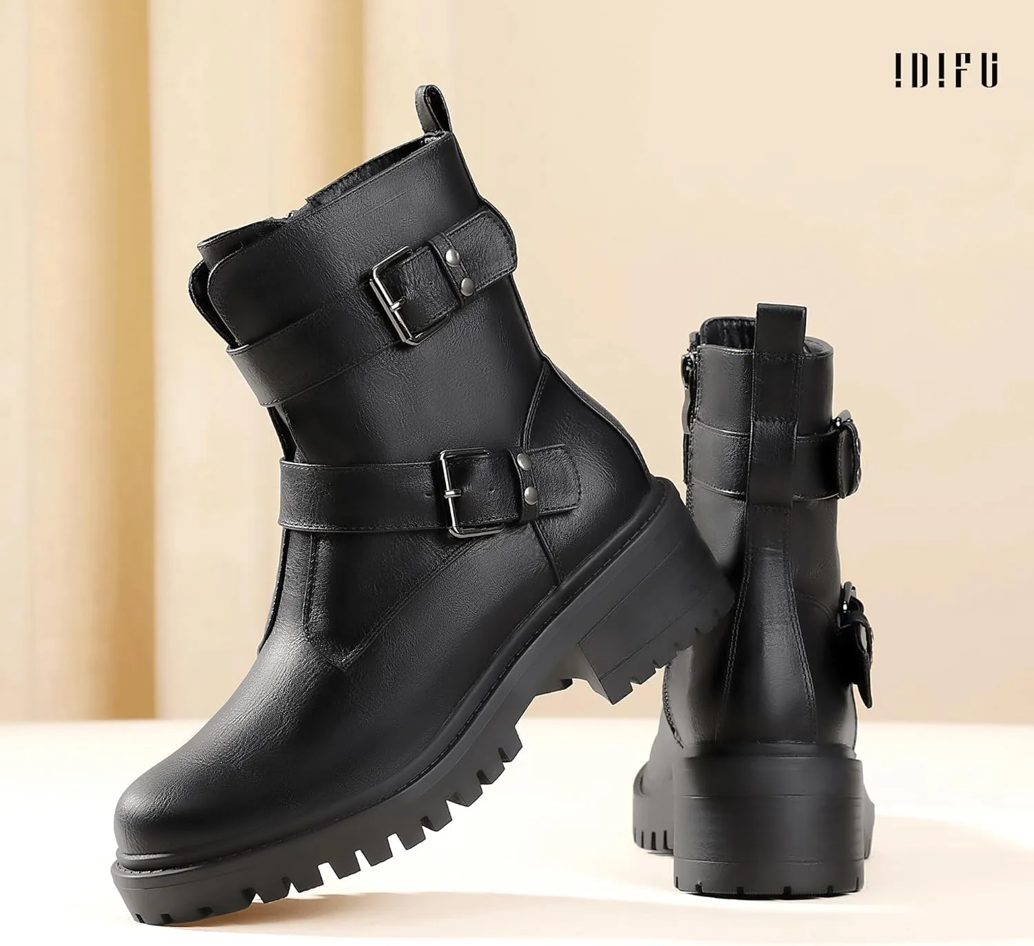 IDIFU Biker Boots for Women Combat Motorcycle Moto Women's Ankle Boots Comfortable Two Buckles Lug Sole Chunky Low Heel Short Boots Fall Fashion Cute Trendy Dressy Side Zipper Boots Booties for Women