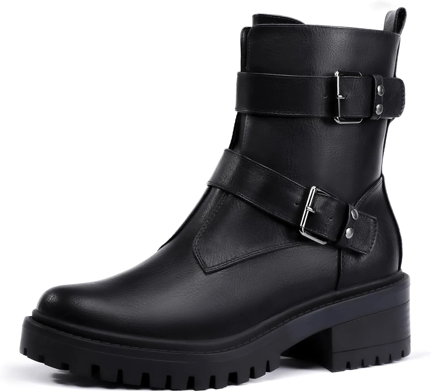 IDIFU Biker Boots for Women Combat Motorcycle Moto Women's Ankle Boots Comfortable Two Buckles Lug Sole Chunky Low Heel Short Boots Fall Fashion Cute Trendy Dressy Side Zipper Boots Booties for Women