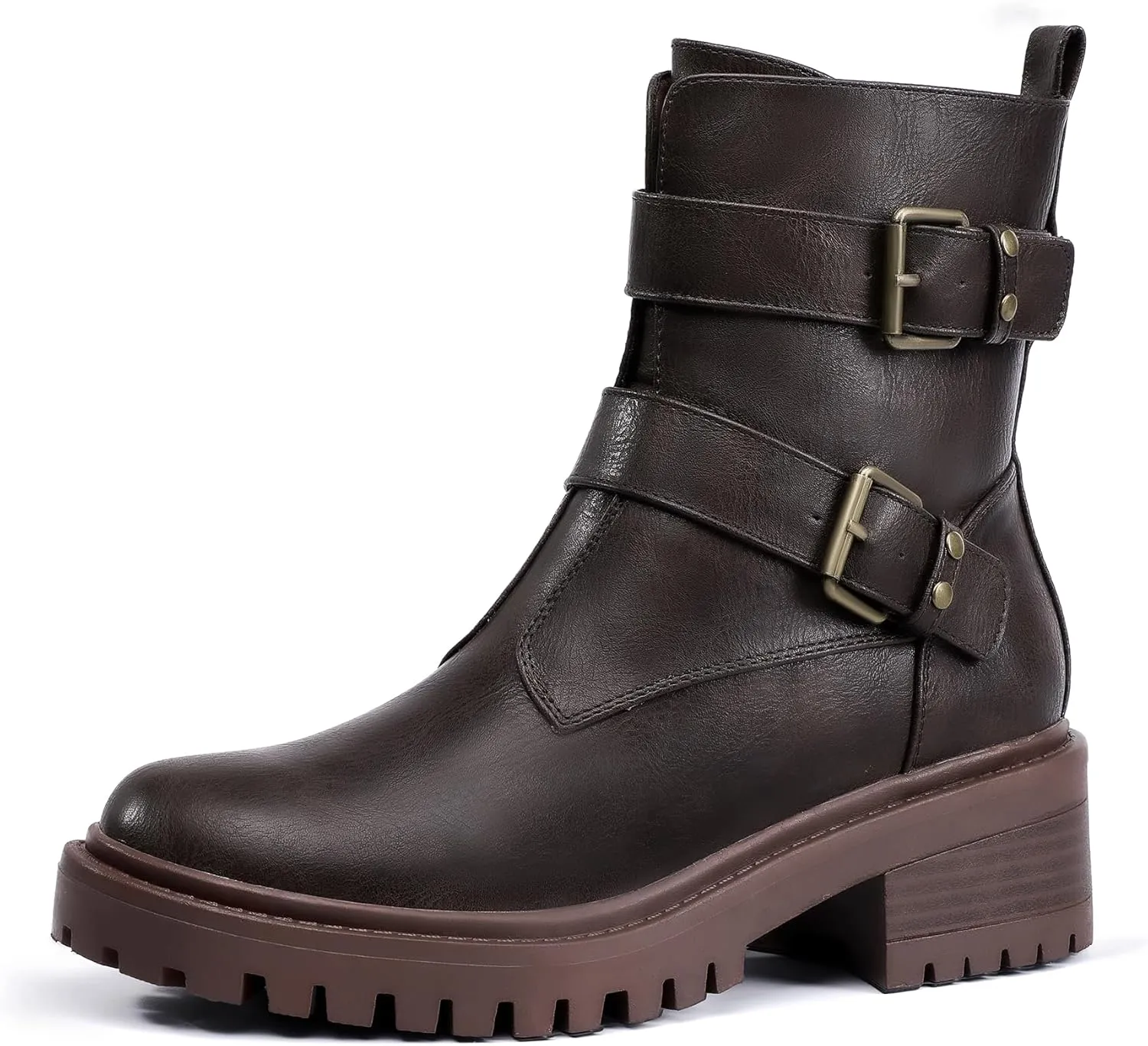 IDIFU Biker Boots for Women Combat Motorcycle Moto Women's Ankle Boots Comfortable Two Buckles Lug Sole Chunky Low Heel Short Boots Fall Fashion Cute Trendy Dressy Side Zipper Boots Booties for Women