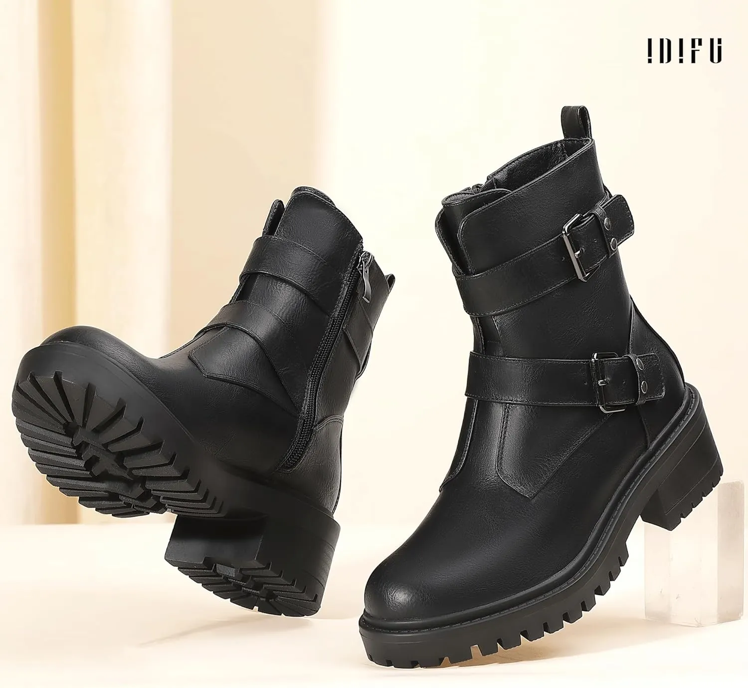 IDIFU Biker Boots for Women Combat Motorcycle Moto Women's Ankle Boots Comfortable Two Buckles Lug Sole Chunky Low Heel Short Boots Fall Fashion Cute Trendy Dressy Side Zipper Boots Booties for Women