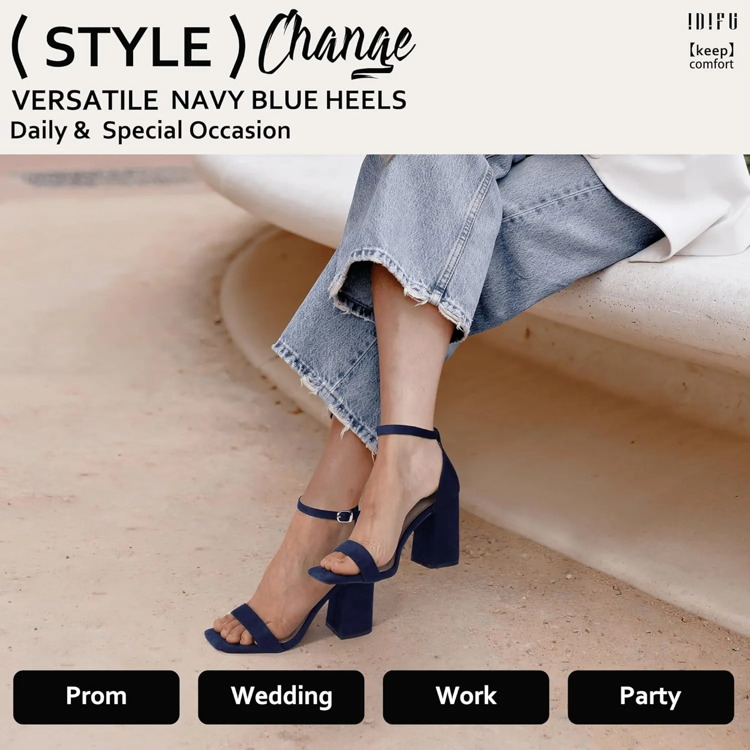 IDIFU IN4 High Chunky Block Heels Square Open Toe Ankle Strap Heeled Sandals Wedding Bridal Prom Dance Summer Dressy Comfortable Sexy Trendy Bride Bridesmaid Dress Shoes Cute Thick Women Heels