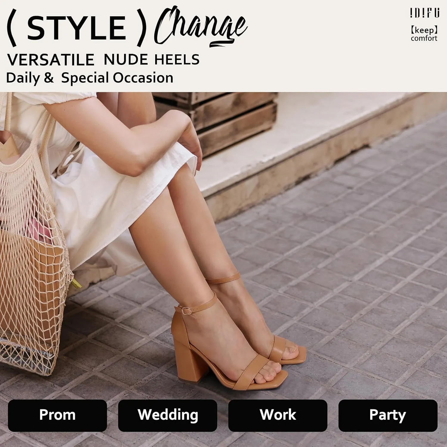 IDIFU IN4 High Chunky Block Heels Square Open Toe Ankle Strap Heeled Sandals Wedding Bridal Prom Dance Summer Dressy Comfortable Sexy Trendy Bride Bridesmaid Dress Shoes Cute Thick Women Heels