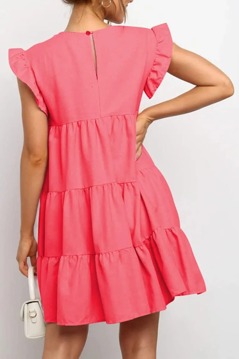 IHOT Women Babydoll Summer Casual Crew Neck Ruffle Sleeve Sleeveless Flowy Mini Short Tunic Dress