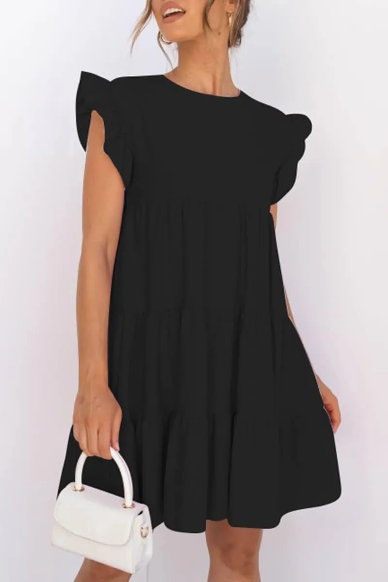 IHOT Women Babydoll Summer Casual Crew Neck Ruffle Sleeve Sleeveless Flowy Mini Short Tunic Dress