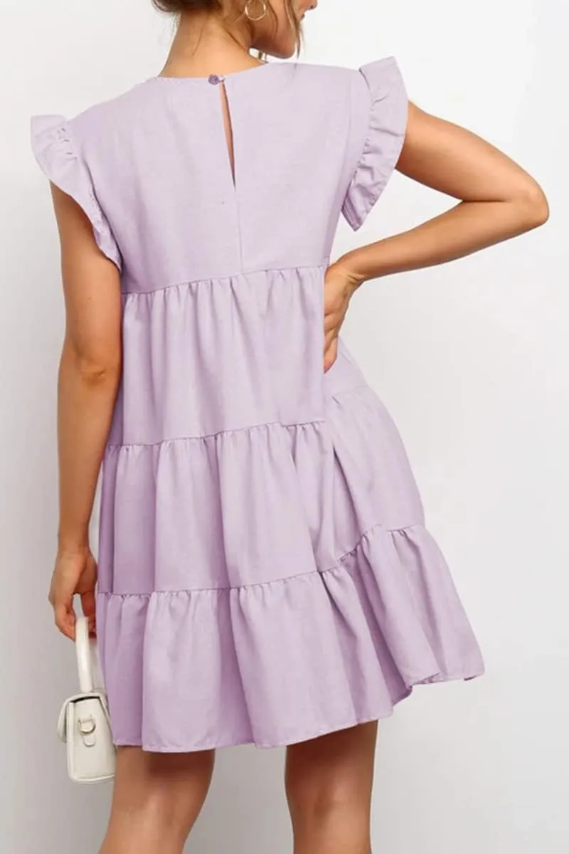 IHOT Women Babydoll Summer Casual Crew Neck Ruffle Sleeve Sleeveless Flowy Mini Short Tunic Dress