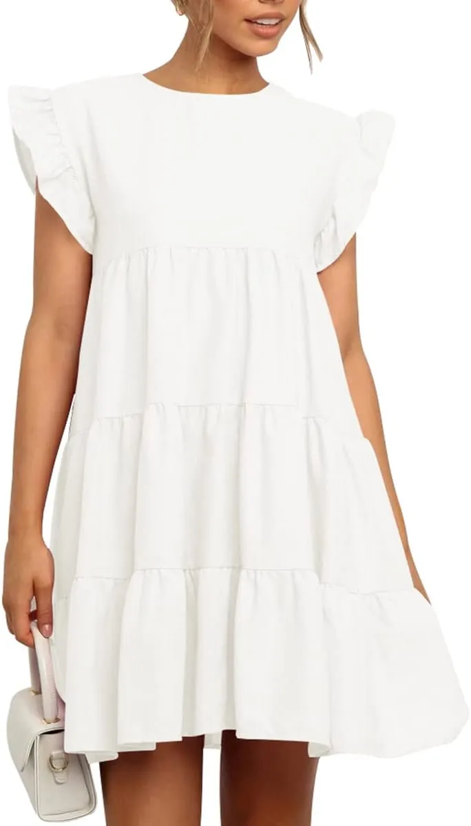 IHOT Women Babydoll Summer Casual Crew Neck Ruffle Sleeve Sleeveless Flowy Mini Short Tunic Dress
