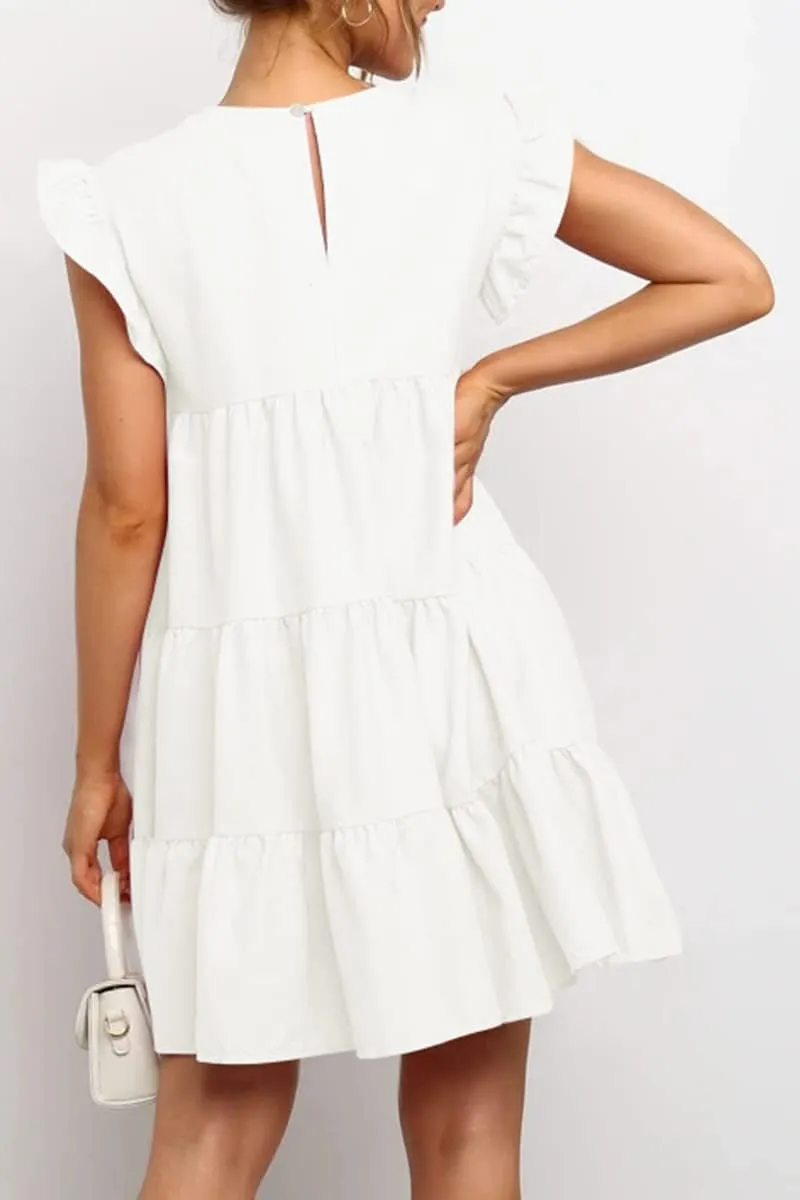 IHOT Women Babydoll Summer Casual Crew Neck Ruffle Sleeve Sleeveless Flowy Mini Short Tunic Dress