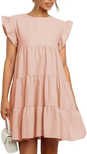 IHOT Women Babydoll Summer Casual Crew Neck Ruffle Sleeve Sleeveless Flowy Mini Short Tunic Dress