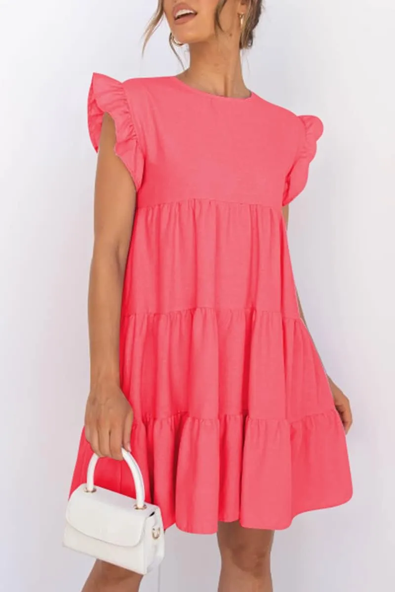 IHOT Women Babydoll Summer Casual Crew Neck Ruffle Sleeve Sleeveless Flowy Mini Short Tunic Dress