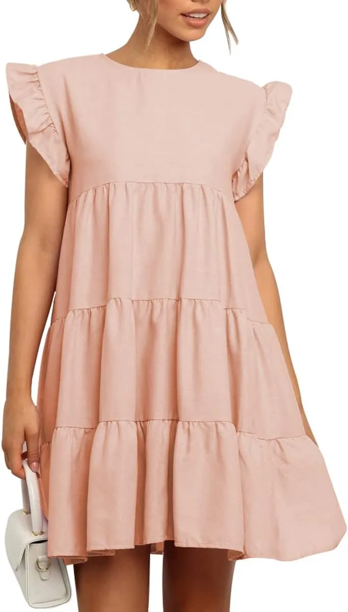 IHOT Women Babydoll Summer Casual Crew Neck Ruffle Sleeve Sleeveless Flowy Mini Short Tunic Dress