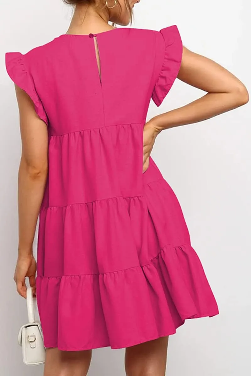 IHOT Women Babydoll Summer Casual Crew Neck Ruffle Sleeve Sleeveless Flowy Mini Short Tunic Dress