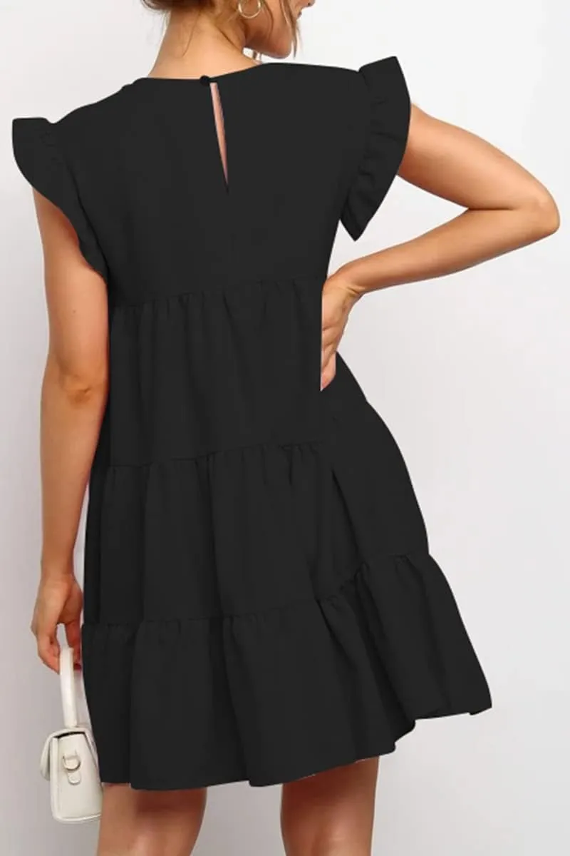 IHOT Women Babydoll Summer Casual Crew Neck Ruffle Sleeve Sleeveless Flowy Mini Short Tunic Dress