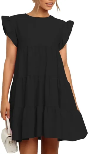 IHOT Women Babydoll Summer Casual Crew Neck Ruffle Sleeve Sleeveless Flowy Mini Short Tunic Dress
